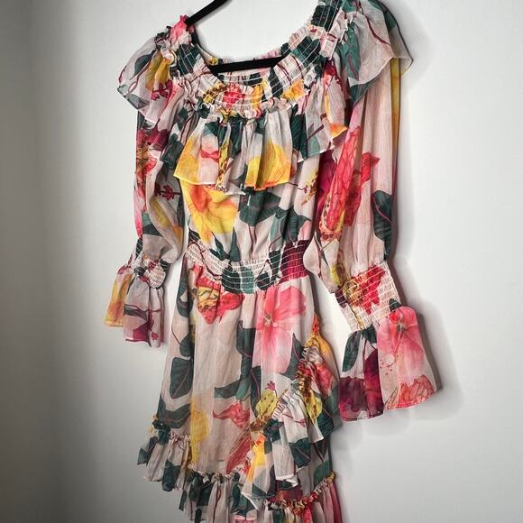 PatBo Ruffle Pink Floral Hibiscus Off Shoulder Mini Dress Size Small - Picture 6 of 8